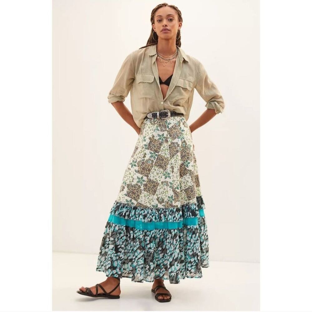 Anthropologie Raga Women's Floral Patchwork Cotton Maxi A-Line Skirt Size Small